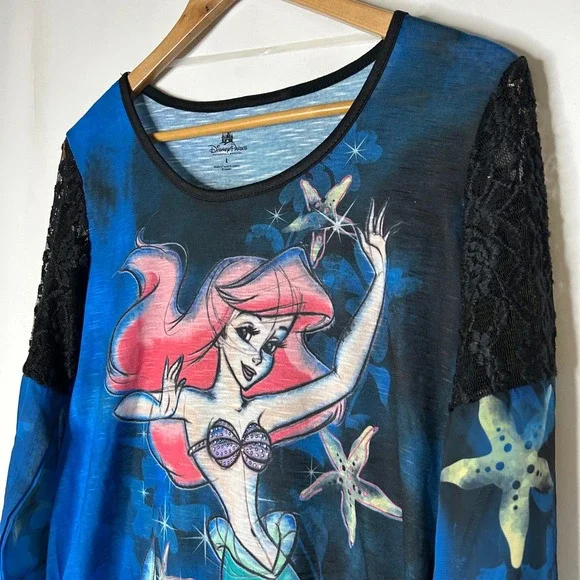Disney Parks NWT Shirt Size L Ariel The Little Mermaid Long Sleeve Lace Sheer - Picture 2 of 9